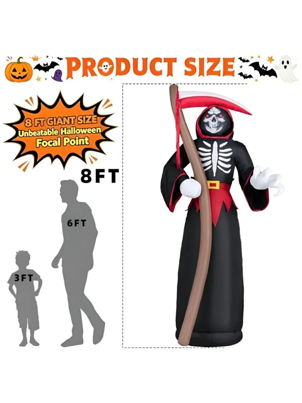 8FT Halloween Inflatables Outdoor, Giant Grim Reaper Blow Up Yard Decor